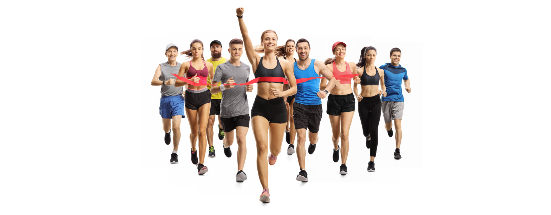 People running a marathon race and a young woman finishing first